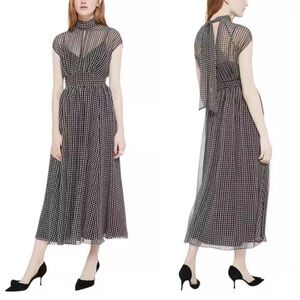 EUC NWOT Size 2 Kate Spade Houndstooth Chiffon Dress Black White Midi